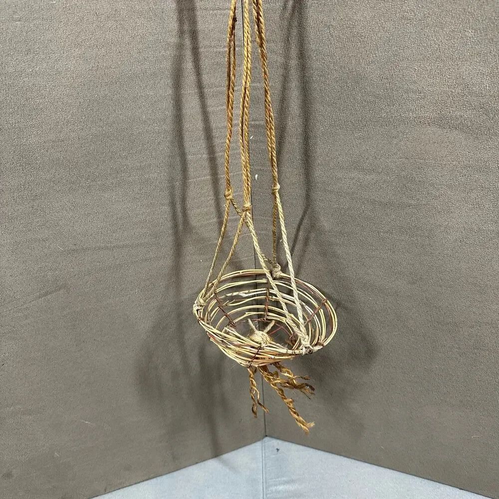 Small Woven Hanging Plant Basket Rope Sticks Handmade Minimalist Boho Natural